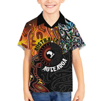 New Zealand and Australia Together Family Matching Off Shoulder Short Dress and Hawaiian Shirt Maori Tattoo Paua Shell mix Aboriginal Pattern LT03 Son's Shirt Black - Polynesian Pride