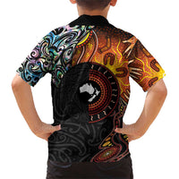 New Zealand and Australia Together Family Matching Short Sleeve Bodycon Dress and Hawaiian Shirt Maori Tattoo Paua Shell mix Aboriginal Pattern LT03 - Polynesian Pride