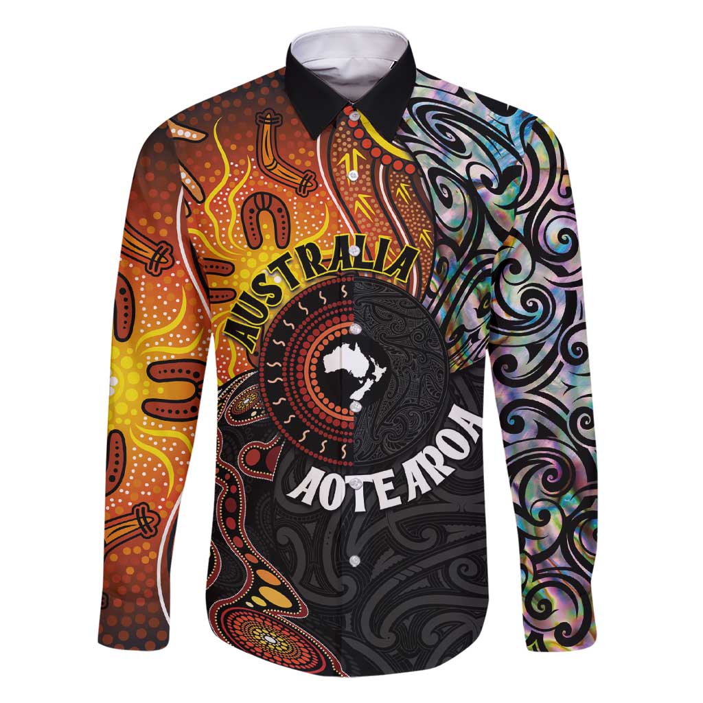 New Zealand and Australia Together Family Matching Short Sleeve Bodycon Dress and Hawaiian Shirt Maori Tattoo Paua Shell mix Aboriginal Pattern LT03 Dad's Shirt - Long Sleeve Black - Polynesian Pride