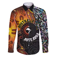 New Zealand and Australia Together Family Matching Short Sleeve Bodycon Dress and Hawaiian Shirt Maori Tattoo Paua Shell mix Aboriginal Pattern LT03 Dad's Shirt - Long Sleeve Black - Polynesian Pride