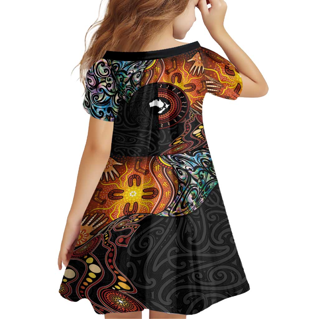 New Zealand and Australia Together Family Matching Summer Maxi Dress and Hawaiian Shirt Maori Tattoo Paua Shell mix Aboriginal Pattern LT03 - Polynesian Pride