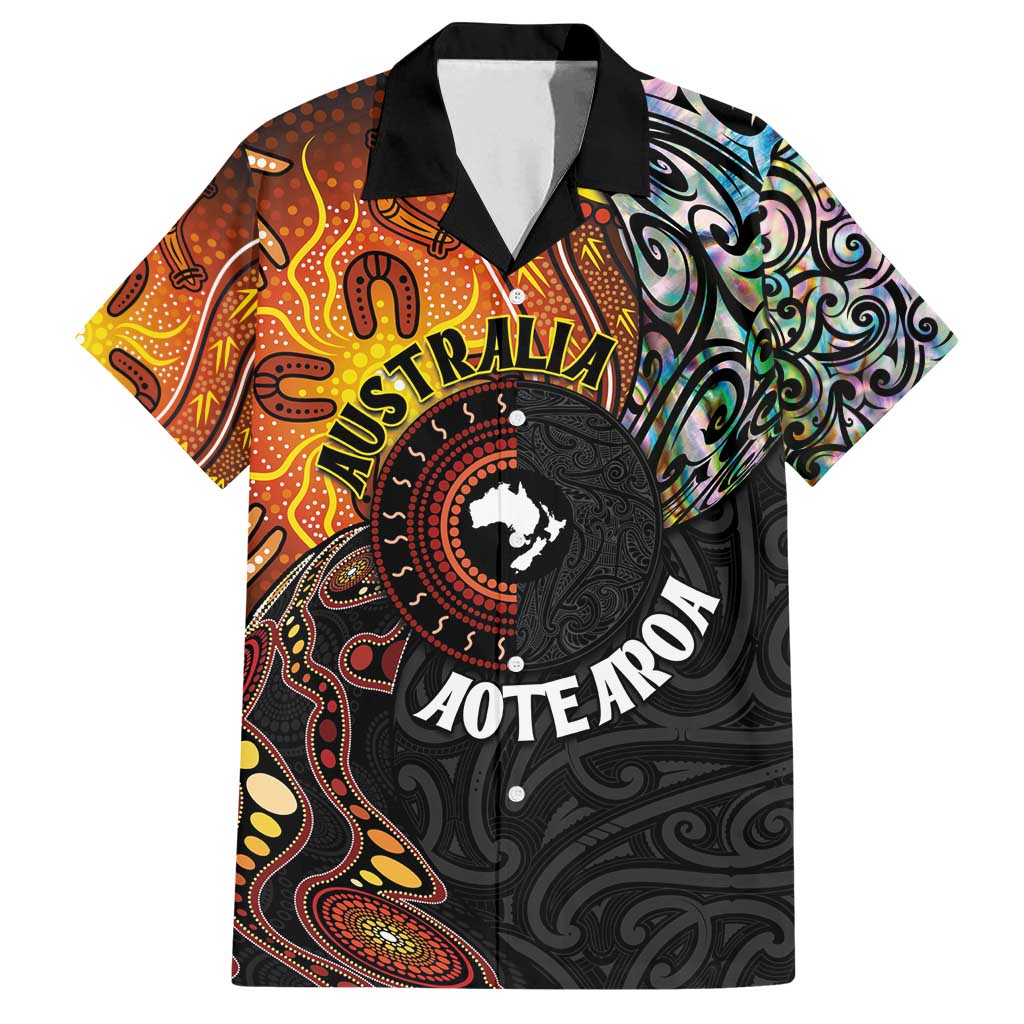 New Zealand and Australia Together Family Matching Summer Maxi Dress and Hawaiian Shirt Maori Tattoo Paua Shell mix Aboriginal Pattern LT03 Dad's Shirt - Short Sleeve Black - Polynesian Pride