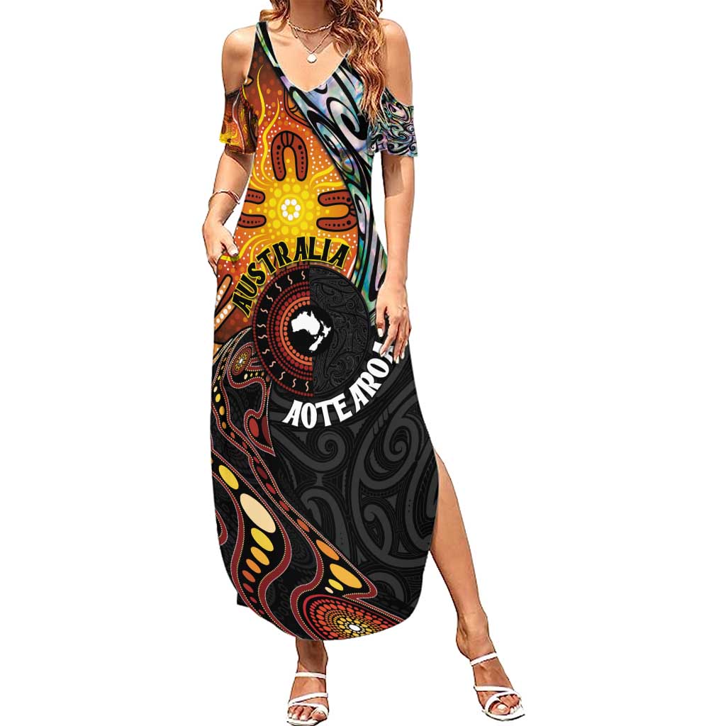 New Zealand and Australia Together Family Matching Summer Maxi Dress and Hawaiian Shirt Maori Tattoo Paua Shell mix Aboriginal Pattern LT03 Mom's Dress Black - Polynesian Pride
