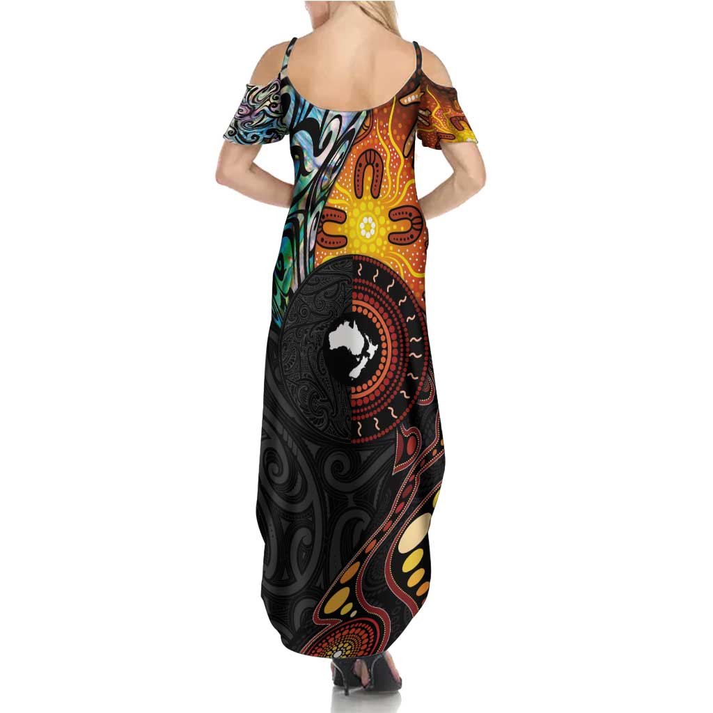 New Zealand and Australia Together Family Matching Summer Maxi Dress and Hawaiian Shirt Maori Tattoo Paua Shell mix Aboriginal Pattern LT03 - Polynesian Pride