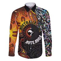 New Zealand and Australia Together Family Matching Tank Maxi Dress and Hawaiian Shirt Maori Tattoo Paua Shell mix Aboriginal Pattern LT03 Dad's Shirt - Long Sleeve Black - Polynesian Pride