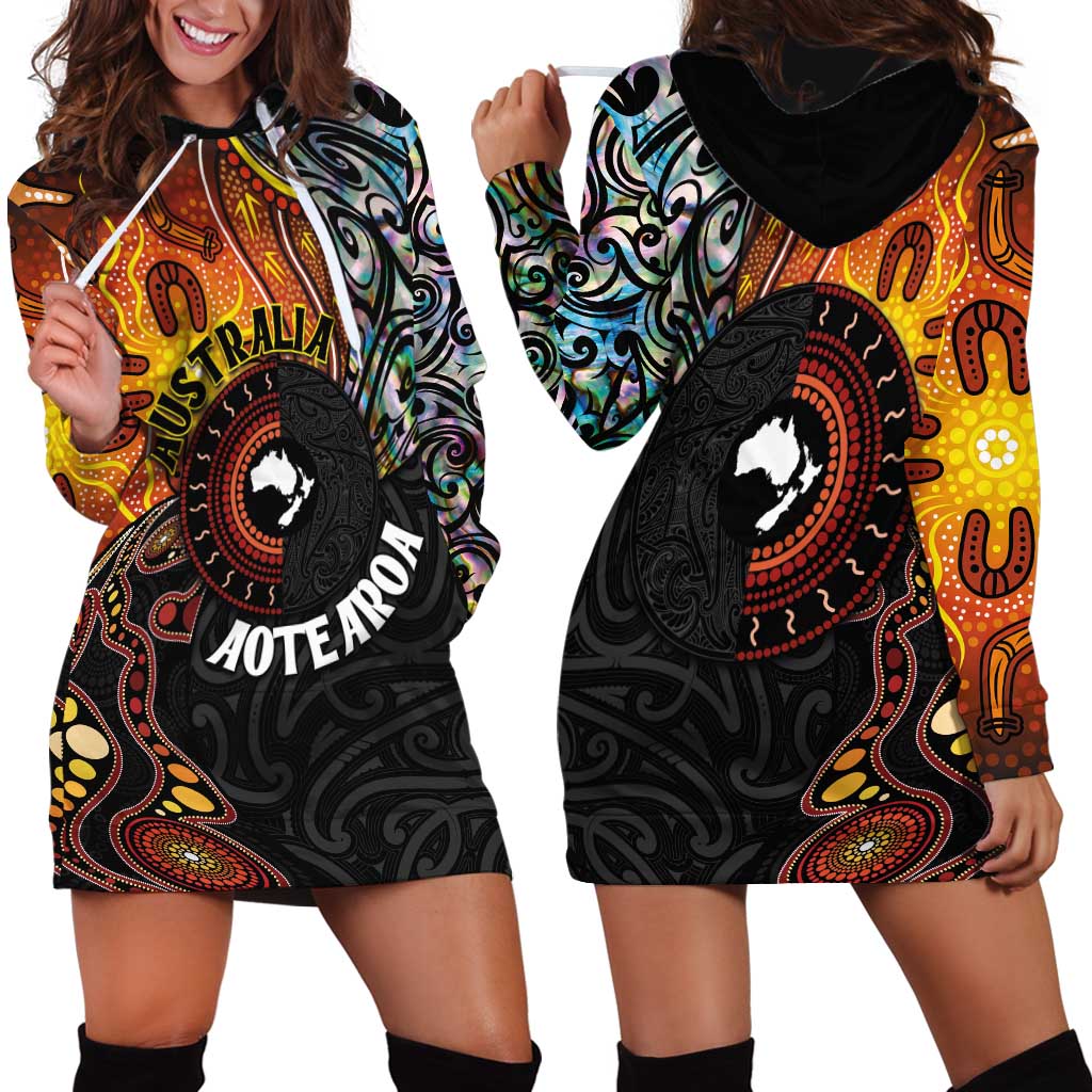 New Zealand and Australia Together Hoodie Dress Maori Tattoo Paua Shell mix Aboriginal Pattern LT03 - Polynesian Pride