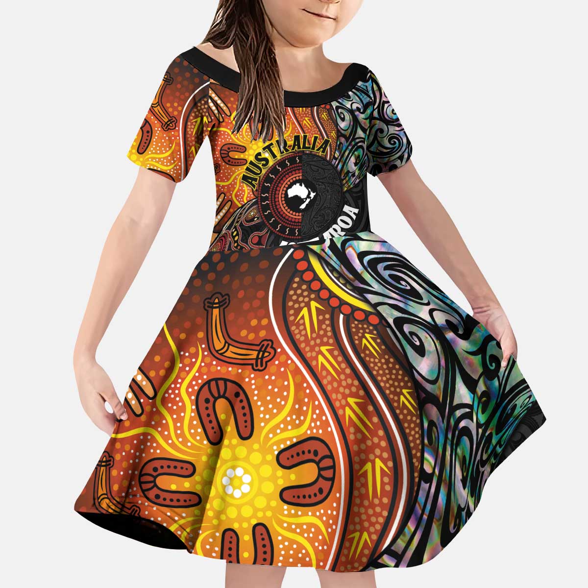 New Zealand and Australia Together Kid Short Sleeve Dress Maori Tattoo Paua Shell mix Aboriginal Pattern LT03 KID Black - Polynesian Pride