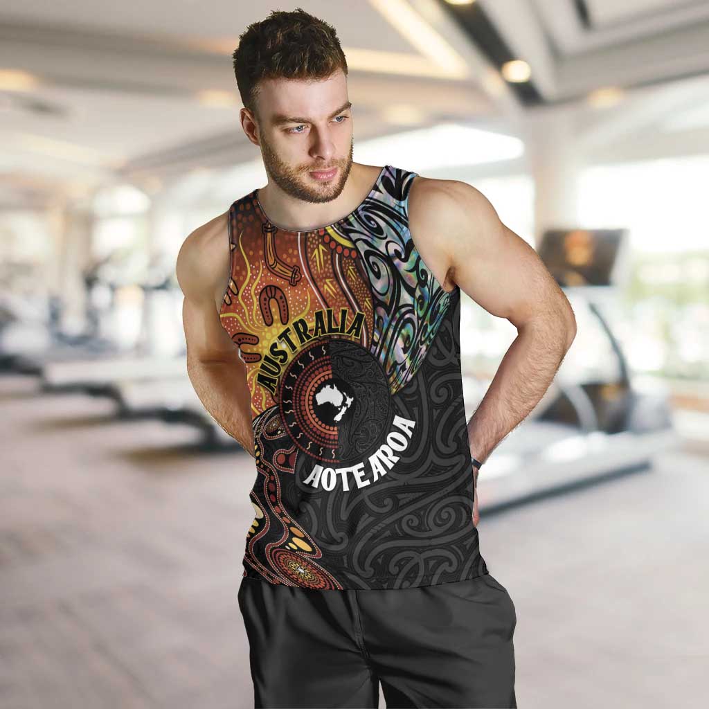 New Zealand and Australia Together Men Tank Top Maori Tattoo Paua Shell mix Aboriginal Pattern LT03 Black - Polynesian Pride