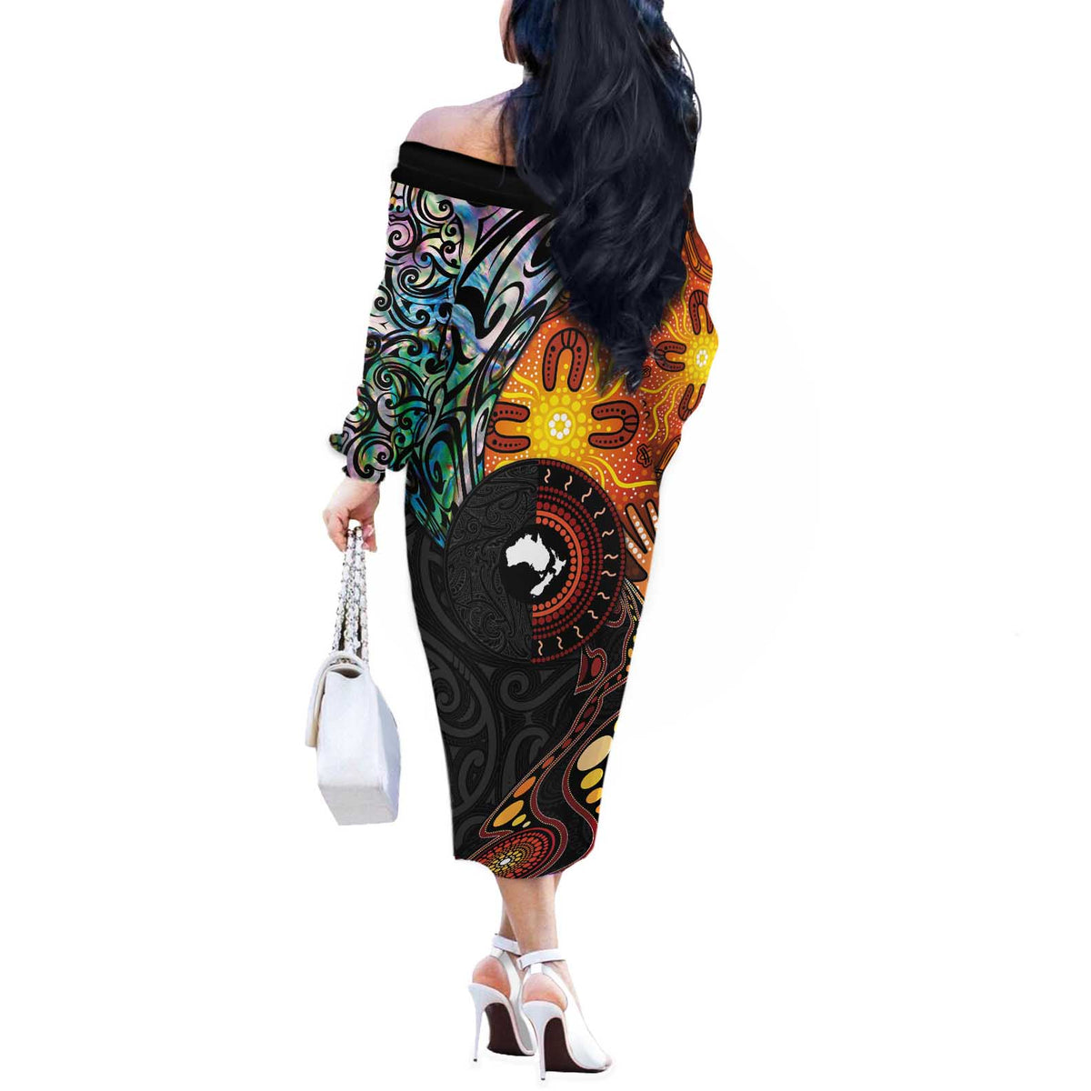 New Zealand and Australia Together Off The Shoulder Long Sleeve Dress Maori Tattoo Paua Shell mix Aboriginal Pattern LT03 - Polynesian Pride