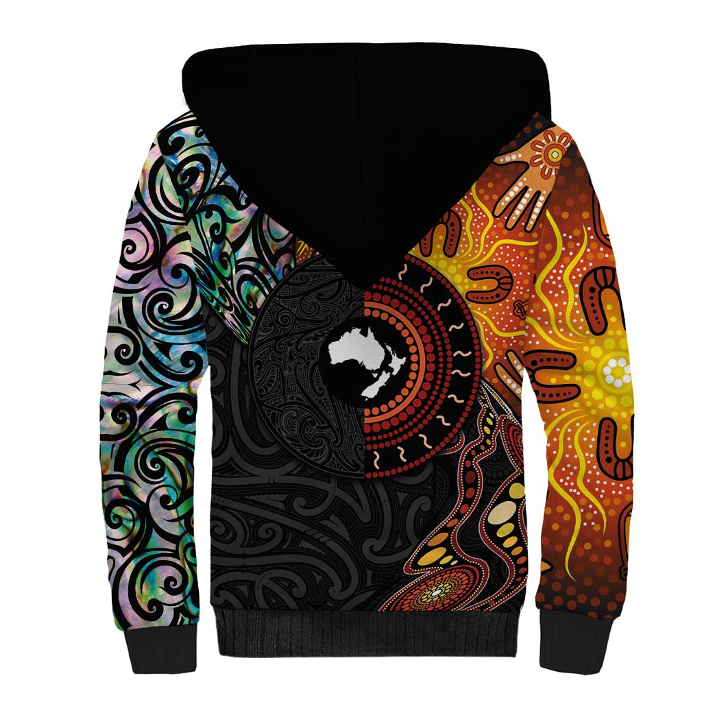 New Zealand and Australia Together Sherpa Hoodie Maori Tattoo Paua Shell mix Aboriginal Pattern LT03 - Polynesian Pride