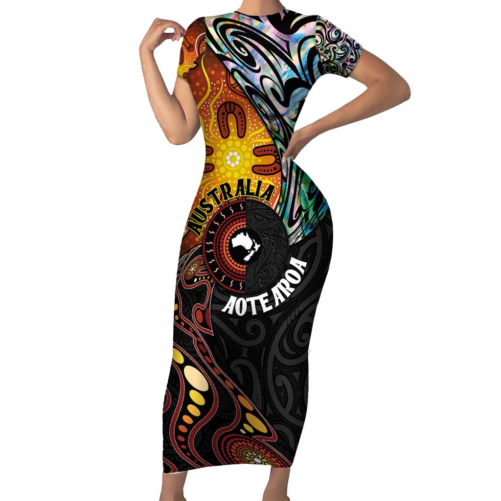 New Zealand and Australia Together Short Sleeve Bodycon Dress Maori Tattoo Paua Shell mix Aboriginal Pattern LT03 Long Dress Black - Polynesian Pride