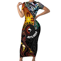 New Zealand and Australia Together Short Sleeve Bodycon Dress Maori Tattoo Paua Shell mix Aboriginal Pattern LT03 Long Dress Black - Polynesian Pride