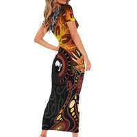 New Zealand and Australia Together Short Sleeve Bodycon Dress Maori Tattoo Paua Shell mix Aboriginal Pattern LT03 - Polynesian Pride