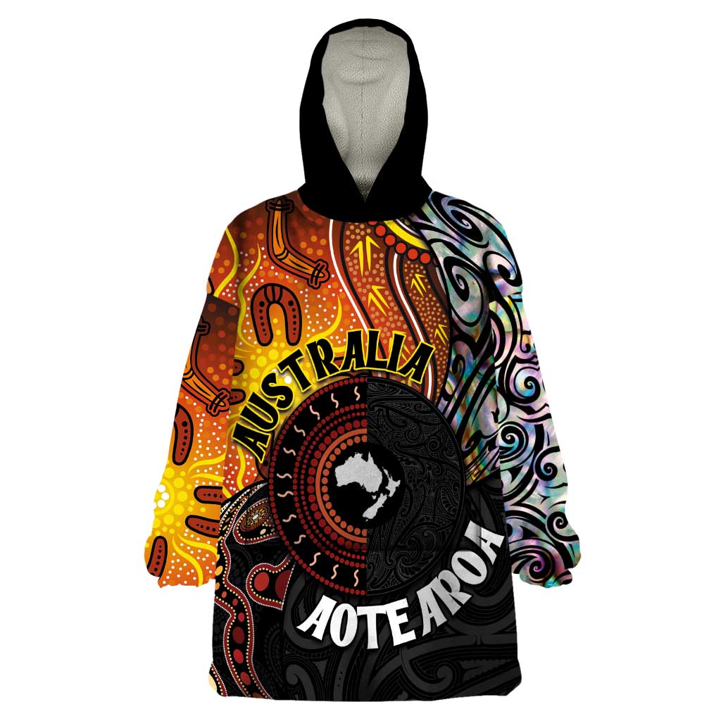 New Zealand and Australia Together Wearable Blanket Hoodie Maori Tattoo Paua Shell mix Aboriginal Pattern LT03 One Size Black - Polynesian Pride