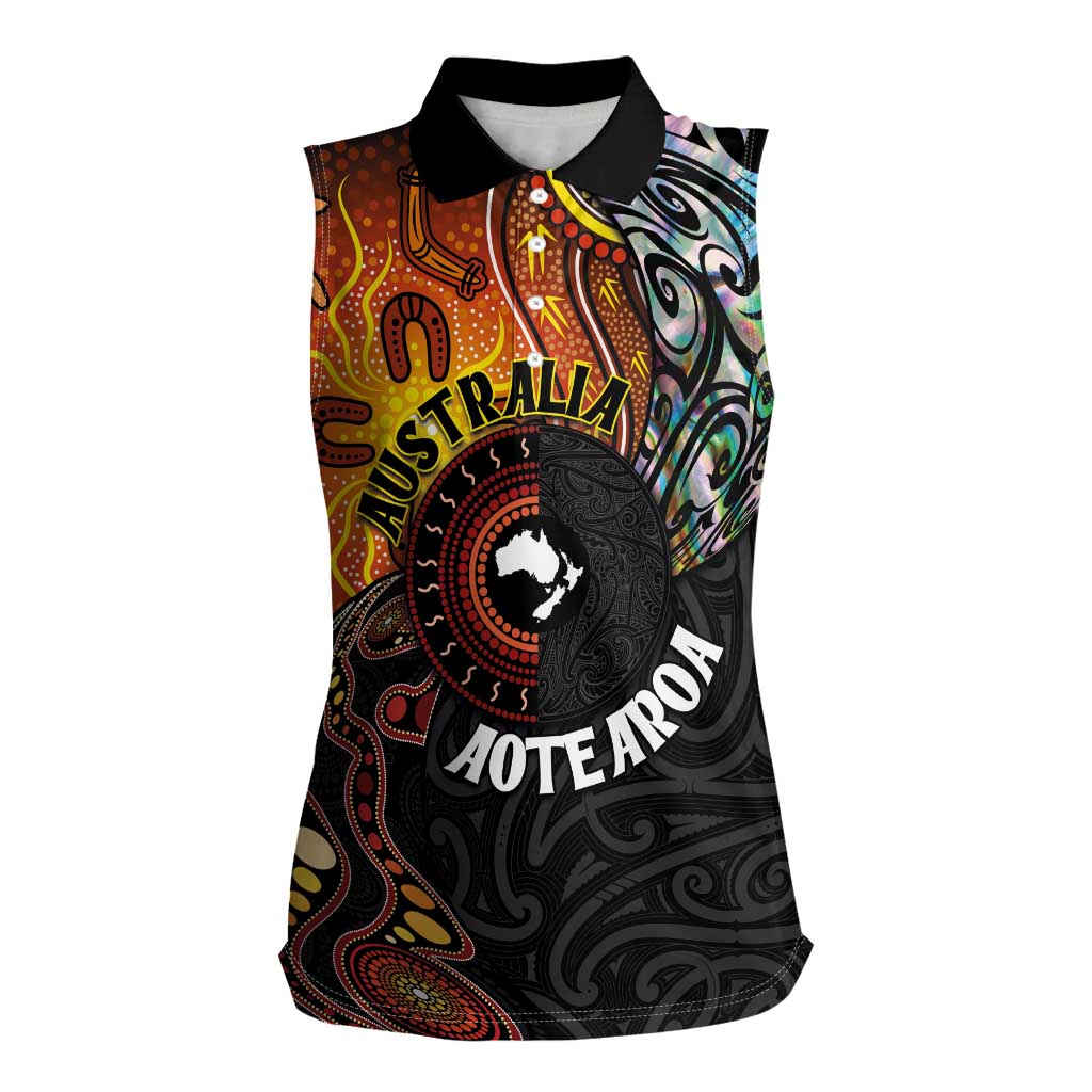 New Zealand and Australia Together Women Sleeveless Polo Shirt Maori Tattoo Paua Shell mix Aboriginal Pattern LT03 Female Black - Polynesian Pride