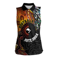New Zealand and Australia Together Women Sleeveless Polo Shirt Maori Tattoo Paua Shell mix Aboriginal Pattern LT03 Female Black - Polynesian Pride