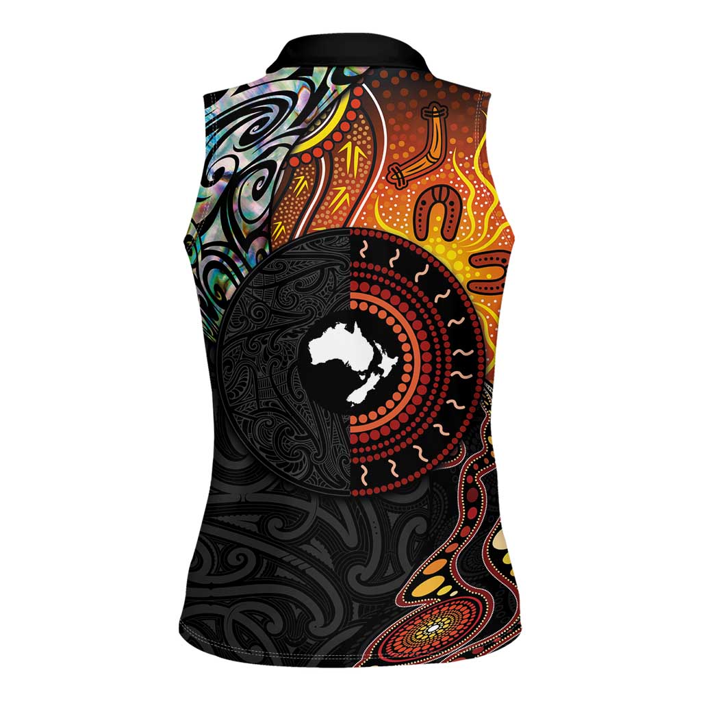 New Zealand and Australia Together Women Sleeveless Polo Shirt Maori Tattoo Paua Shell mix Aboriginal Pattern LT03 - Polynesian Pride