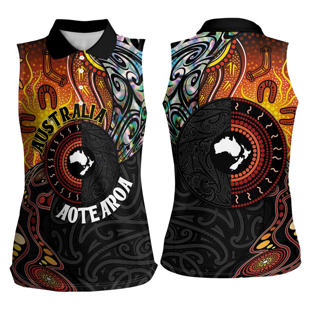 New Zealand and Australia Together Women Sleeveless Polo Shirt Maori Tattoo Paua Shell mix Aboriginal Pattern LT03 - Polynesian Pride