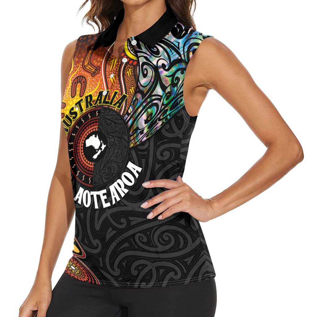 New Zealand and Australia Together Women Sleeveless Polo Shirt Maori Tattoo Paua Shell mix Aboriginal Pattern LT03 - Polynesian Pride