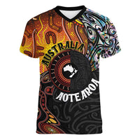New Zealand and Australia Together Women V-Neck T-Shirt Maori Tattoo Paua Shell mix Aboriginal Pattern LT03 Female Black - Polynesian Pride