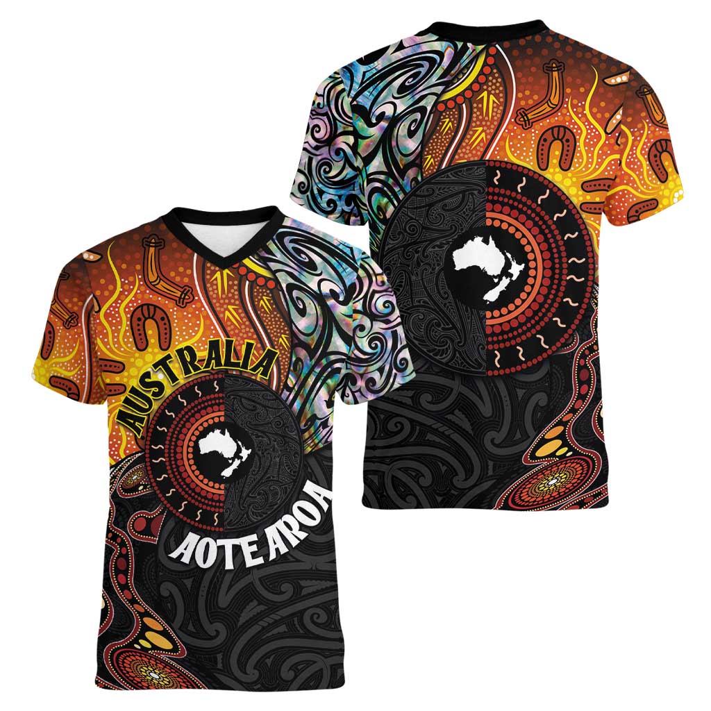 New Zealand and Australia Together Women V-Neck T-Shirt Maori Tattoo Paua Shell mix Aboriginal Pattern LT03 - Polynesian Pride