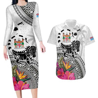 Fiji Iguana Couples Matching Long Sleeve Bodycon Dress and Hawaiian Shirt Tapa Tribal Tattoo and Hibiscus LT03 White - Polynesian Pride