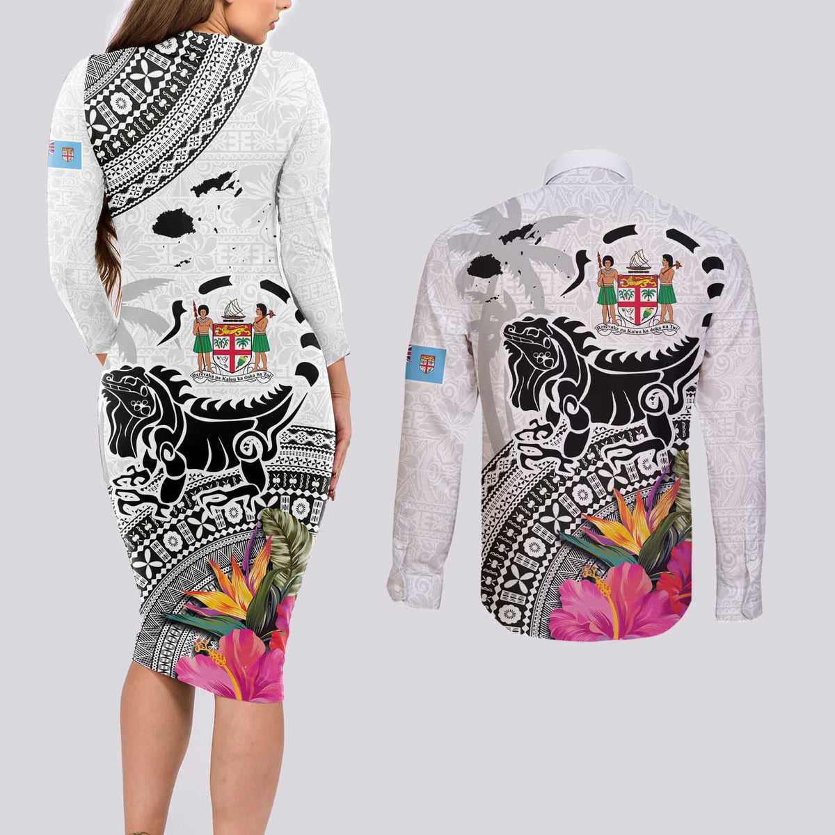 Fiji Iguana Couples Matching Long Sleeve Bodycon Dress and Long Sleeve Button Shirt Tapa Tribal Tattoo and Hibiscus LT03 - Polynesian Pride