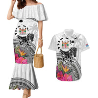Fiji Iguana Couples Matching Mermaid Dress and Hawaiian Shirt Tapa Tribal Tattoo and Hibiscus LT03 White - Polynesian Pride