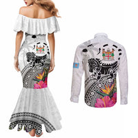 Fiji Iguana Couples Matching Mermaid Dress and Long Sleeve Button Shirt Tapa Tribal Tattoo and Hibiscus LT03 - Polynesian Pride