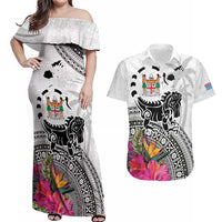 Fiji Iguana Couples Matching Off Shoulder Maxi Dress and Hawaiian Shirt Tapa Tribal Tattoo and Hibiscus LT03 White - Polynesian Pride