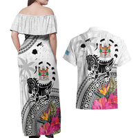 Fiji Iguana Couples Matching Off Shoulder Maxi Dress and Hawaiian Shirt Tapa Tribal Tattoo and Hibiscus LT03 - Polynesian Pride