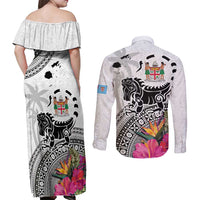 Fiji Iguana Couples Matching Off Shoulder Maxi Dress and Long Sleeve Button Shirt Tapa Tribal Tattoo and Hibiscus LT03 - Polynesian Pride