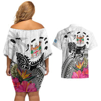Fiji Iguana Couples Matching Off Shoulder Short Dress and Hawaiian Shirt Tapa Tribal Tattoo and Hibiscus LT03 - Polynesian Pride