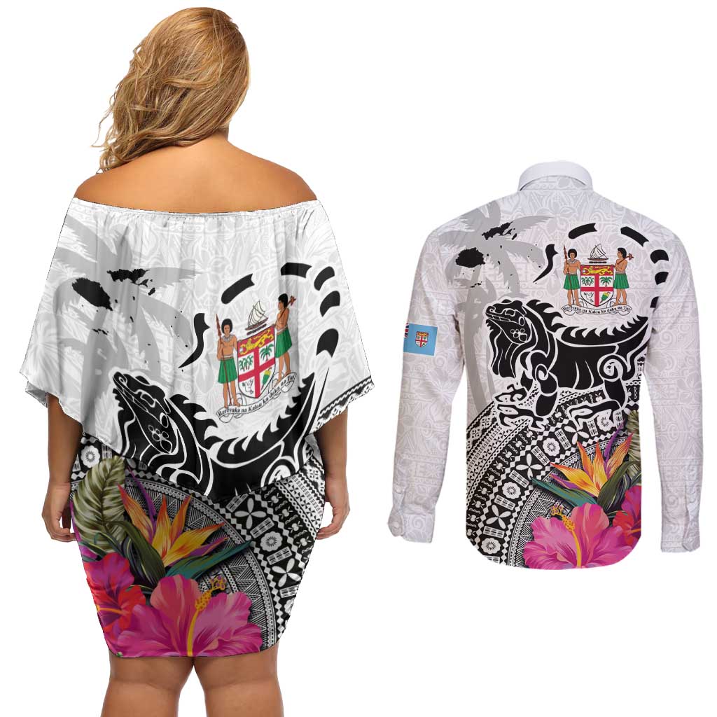 Fiji Iguana Couples Matching Off Shoulder Short Dress and Long Sleeve Button Shirt Tapa Tribal Tattoo and Hibiscus LT03 - Polynesian Pride