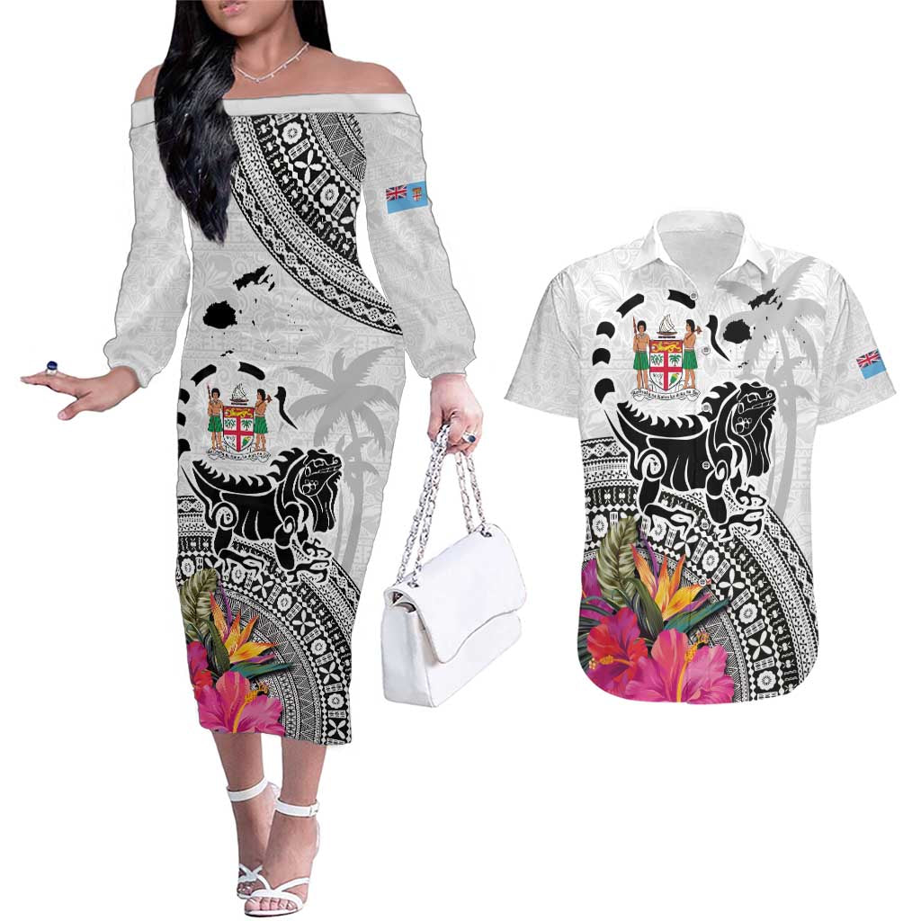 Fiji Iguana Couples Matching Off The Shoulder Long Sleeve Dress and Hawaiian Shirt Tapa Tribal Tattoo and Hibiscus LT03 White - Polynesian Pride