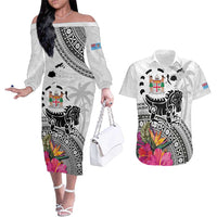 Fiji Iguana Couples Matching Off The Shoulder Long Sleeve Dress and Hawaiian Shirt Tapa Tribal Tattoo and Hibiscus LT03 White - Polynesian Pride