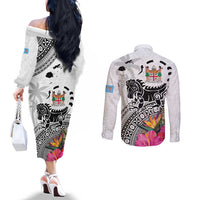 Fiji Iguana Couples Matching Off The Shoulder Long Sleeve Dress and Long Sleeve Button Shirt Tapa Tribal Tattoo and Hibiscus LT03 - Polynesian Pride