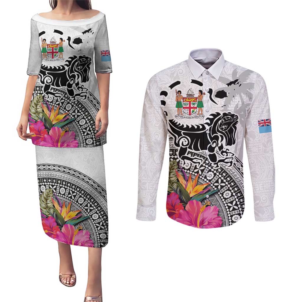 Fiji Iguana Couples Matching Puletasi and Long Sleeve Button Shirt Tapa Tribal Tattoo and Hibiscus LT03 White - Polynesian Pride