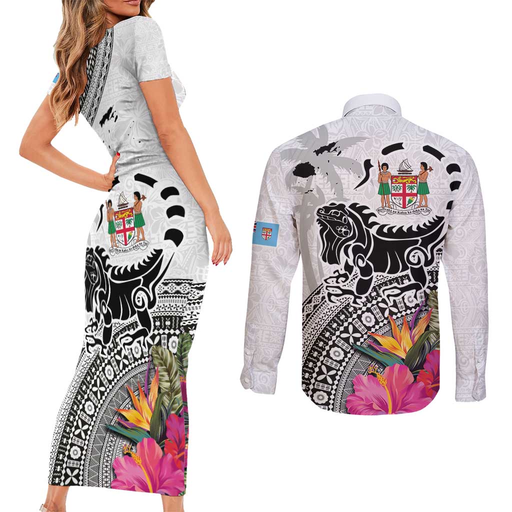 Fiji Iguana Couples Matching Short Sleeve Bodycon Dress and Long Sleeve Button Shirt Tapa Tribal Tattoo and Hibiscus LT03 - Polynesian Pride