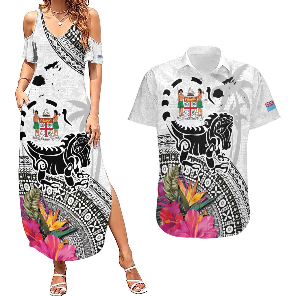 Fiji Iguana Couples Matching Summer Maxi Dress and Hawaiian Shirt Tapa Tribal Tattoo and Hibiscus LT03 White - Polynesian Pride