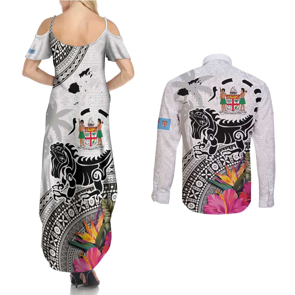 Fiji Iguana Couples Matching Summer Maxi Dress and Long Sleeve Button Shirt Tapa Tribal Tattoo and Hibiscus LT03 - Polynesian Pride