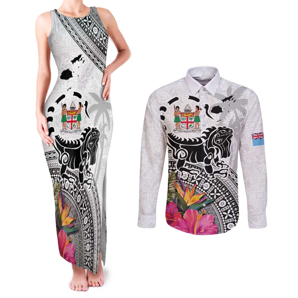 Fiji Iguana Couples Matching Tank Maxi Dress and Long Sleeve Button Shirt Tapa Tribal Tattoo and Hibiscus LT03 White - Polynesian Pride
