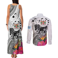 Fiji Iguana Couples Matching Tank Maxi Dress and Long Sleeve Button Shirt Tapa Tribal Tattoo and Hibiscus LT03 - Polynesian Pride