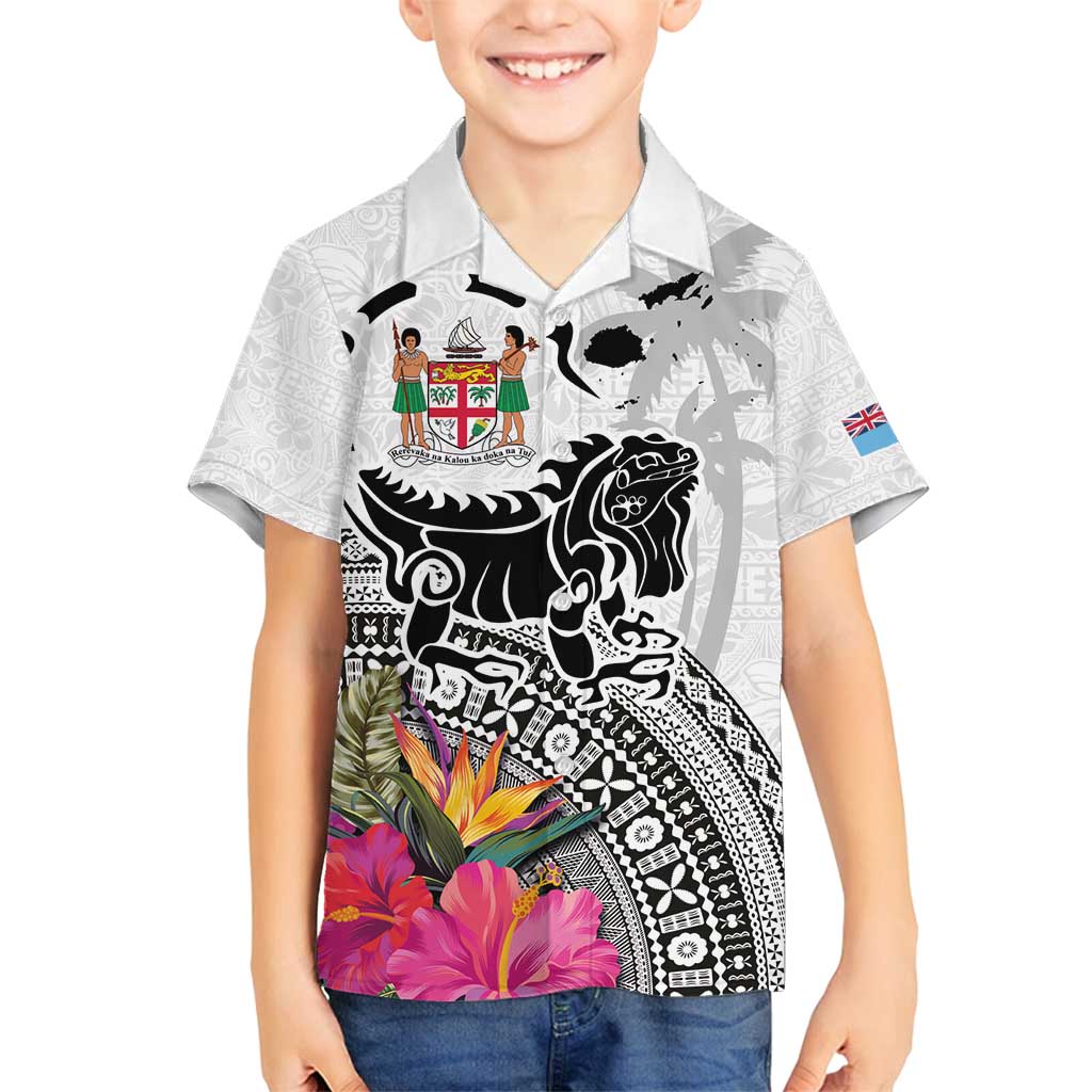 Fiji Iguana Family Matching Long Sleeve Bodycon Dress and Hawaiian Shirt Tapa Tribal Tattoo and Hibiscus LT03 Son's Shirt White - Polynesian Pride