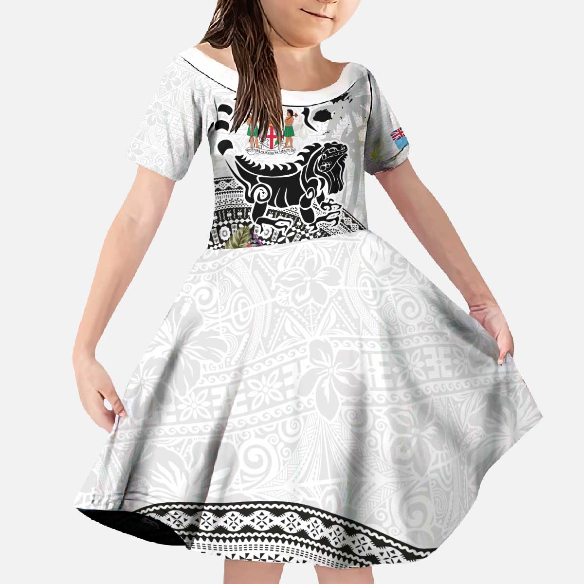 Fiji Iguana Family Matching Off The Shoulder Long Sleeve Dress and Hawaiian Shirt Tapa Tribal Tattoo and Hibiscus LT03 Daughter's Dress White - Polynesian Pride