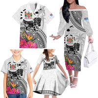 Fiji Iguana Family Matching Off The Shoulder Long Sleeve Dress and Hawaiian Shirt Tapa Tribal Tattoo and Hibiscus LT03 - Polynesian Pride