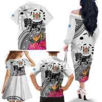Fiji Iguana Family Matching Off The Shoulder Long Sleeve Dress and Hawaiian Shirt Tapa Tribal Tattoo and Hibiscus LT03 - Polynesian Pride