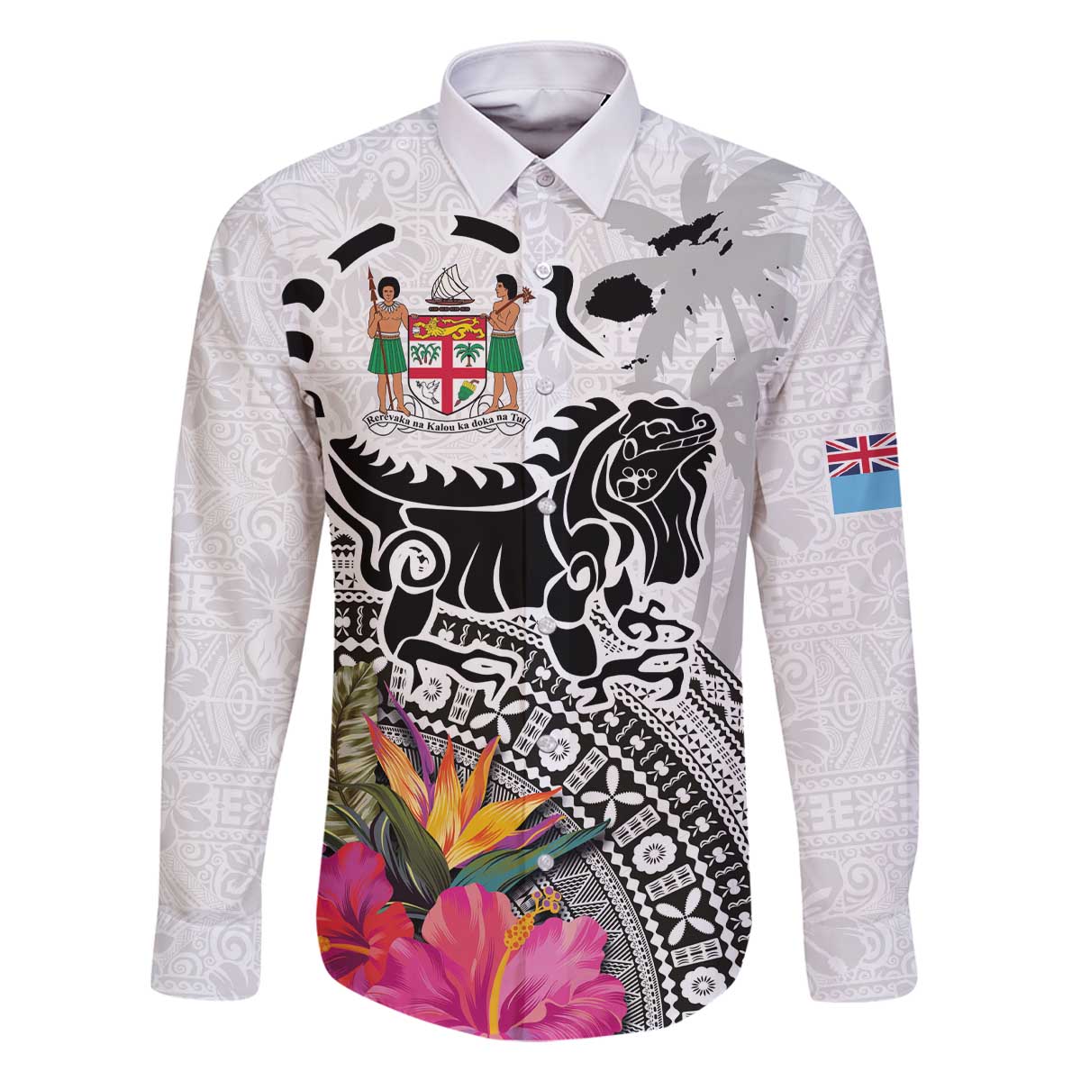 Fiji Iguana Family Matching Off The Shoulder Long Sleeve Dress and Hawaiian Shirt Tapa Tribal Tattoo and Hibiscus LT03 Dad's Shirt - Long Sleeve White - Polynesian Pride