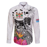 Fiji Iguana Family Matching Off The Shoulder Long Sleeve Dress and Hawaiian Shirt Tapa Tribal Tattoo and Hibiscus LT03 Dad's Shirt - Long Sleeve White - Polynesian Pride