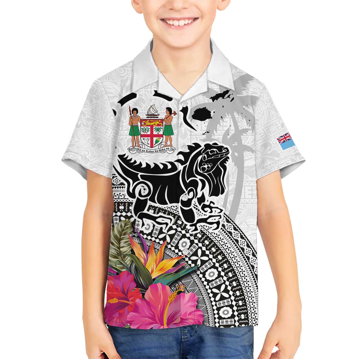 Fiji Iguana Family Matching Off The Shoulder Long Sleeve Dress and Hawaiian Shirt Tapa Tribal Tattoo and Hibiscus LT03 Son's Shirt White - Polynesian Pride